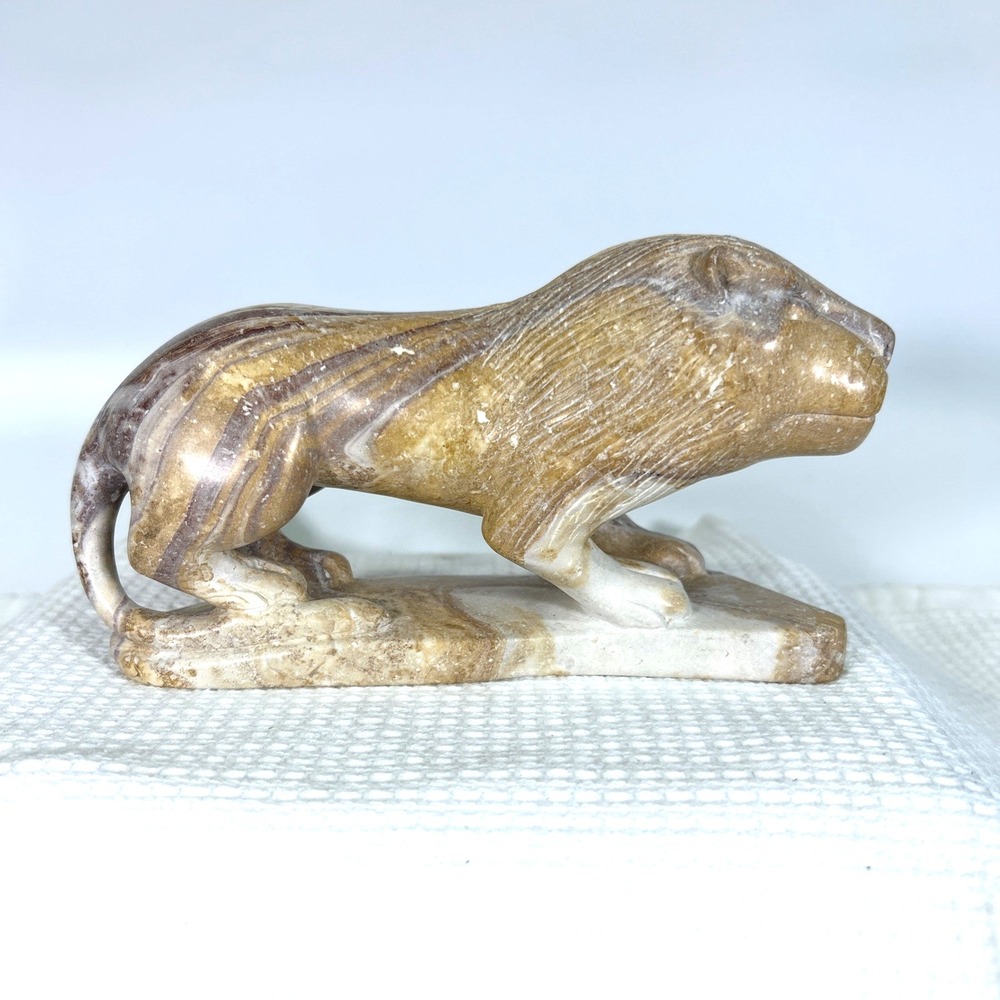 Vintage Hand Carved Crouching Lion in Banded Soapstone 7x4 inches signed Limay